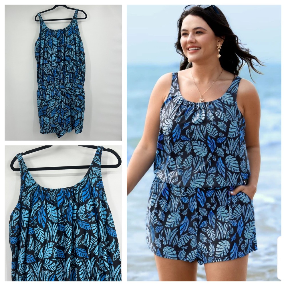Bloomchic Blue Tropical Leaf Print Swim Romper Pockets Plus Size 26 NWT